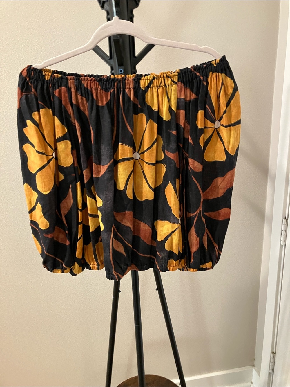 Rachel Zoe Black Floral Off-Shoulder Blouse with Mustard & Brown Print